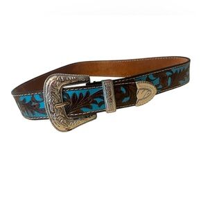 Women’s Brown and Blue Leather Tooled Western Belt with Silver Buckle Sz L/XL